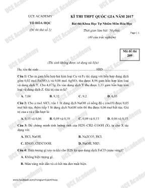 Đề thi THPT quốc gia năm 2017 bài thikhoa học tự nhiên môn Hóa Học - Mã đề thi 209